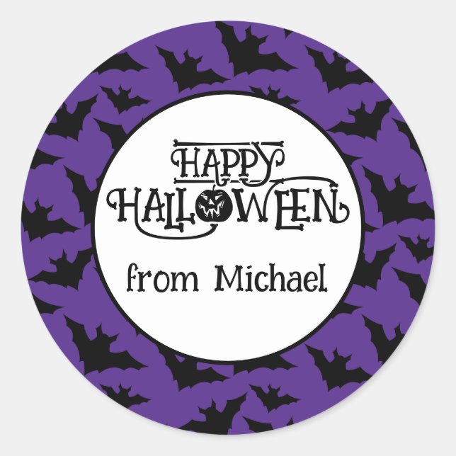 Sticker Rond Happy Halloween chauves-souris violet noir éffraya (Devant)