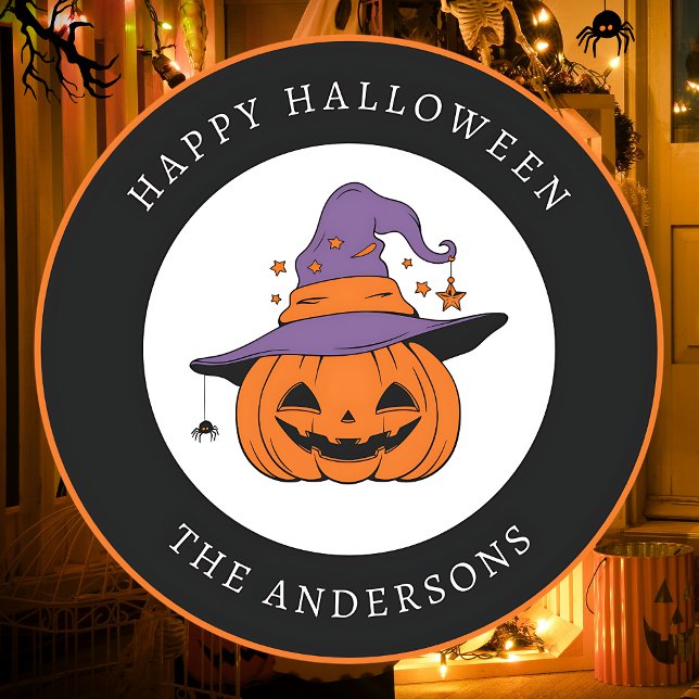 Sticker Rond Happy Halloween Éffrayant Citrouille texte personn (Créateur téléchargé)