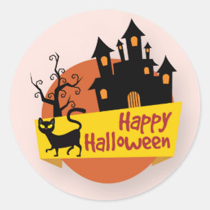 Sticker Rond Happy Halloween Haunted House   Sceau à coller