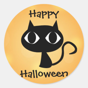 Sticker Rond Happy Halloween mignonette Carton noir Chat orange