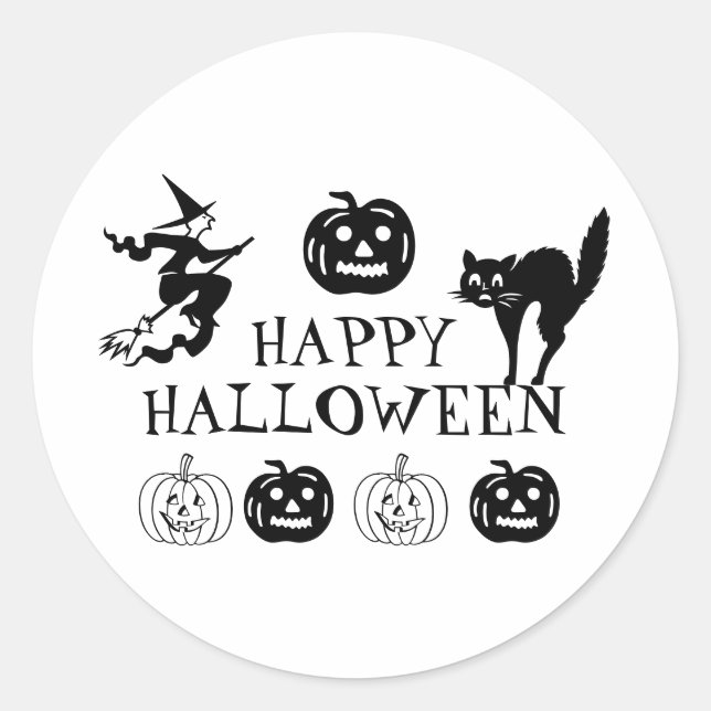 Sticker Rond Happy Halloween noir blanc décoration éffrayante (Devant)