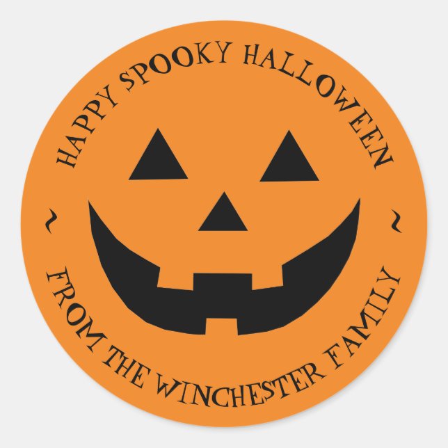 Sticker Rond Happy Halloween orange Jack-o'-lantern personnalis (Devant)