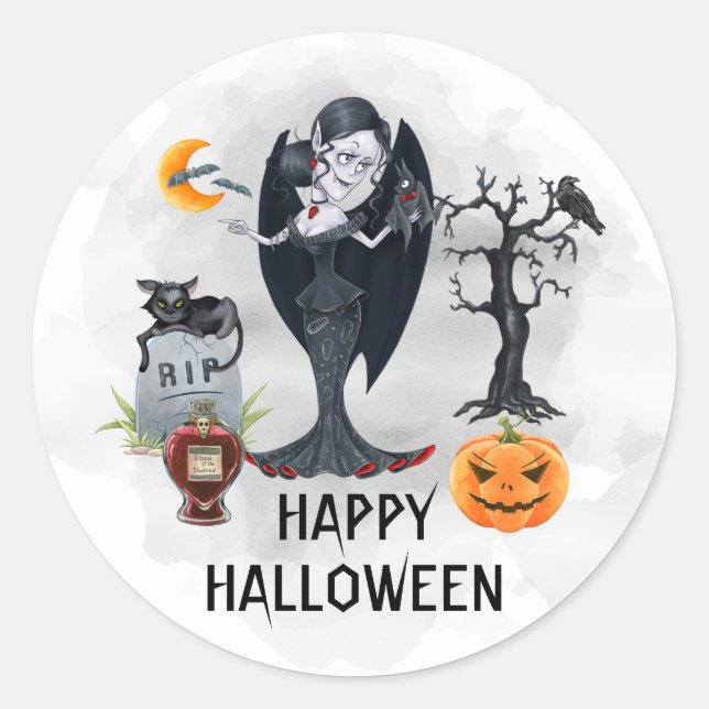 Sticker Rond Happy Halloween Vampire Aquarelle (Devant)