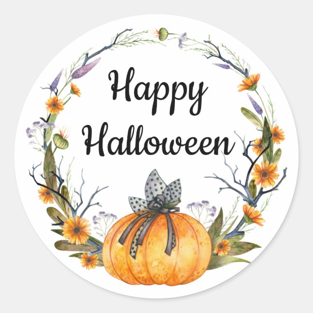 Sticker Rond Happy Halloween Watercolor Citrouille Wreath (Devant)