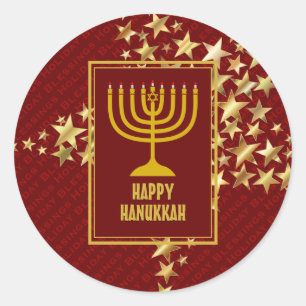 Sticker Rond HAPPY HANOUKKA Festive Stars RED