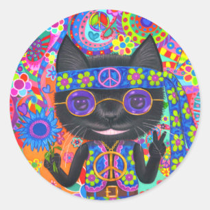 Sticker Rond Happy Hippie Chat Lunettes de soleil Paix Signale