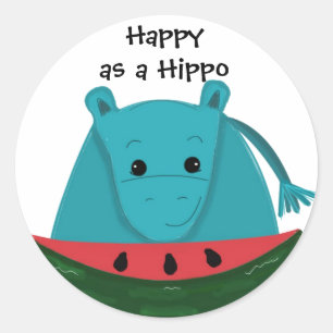 Sticker Rond Happy Hippo avec tranche de pastèque