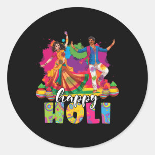 Sticker Rond Happy Holi Indian Dancing Spring Holi Festival De