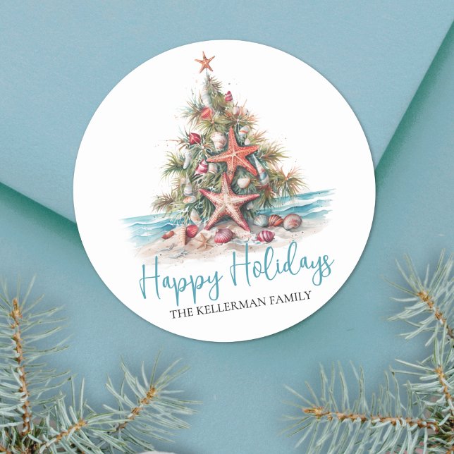 Sticker Rond Happy Holidays Beach Christmas Tree (Happy Holidays Beach Christmas Tree Classic Round Sticker )