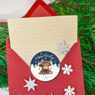 Sticker Rond Happy Holidays Business Festive Highland Cow