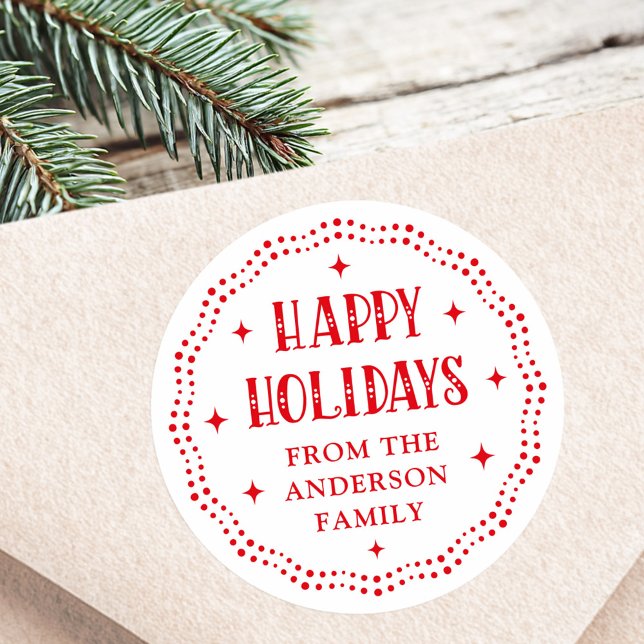 Sticker Rond Happy Holidays festive font dot border red white (Happy Holidays festive font dot border red white Classic Round Sticker)
