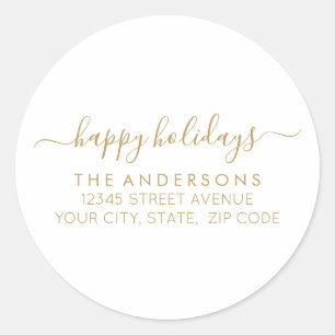 Sticker Rond Happy Holidays Gold Script Calligraphy Adresse