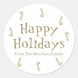 Sticker Rond Happy Holidays or blanc personnalisé nom cadeau fa