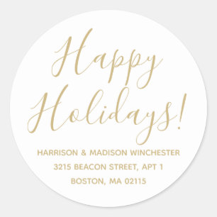 Sticker Rond Happy Holidays or blanc script de retour adresse