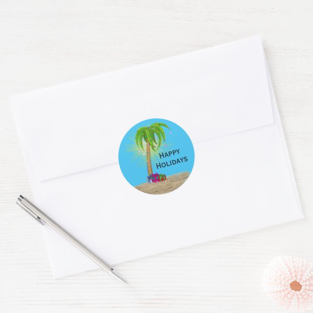 Sticker Rond Happy Holidays Palm Tree in Sand  (Enveloppe)