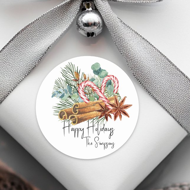 Sticker Rond Happy Holidays Pine Sucre de canne Bouquet (Créateur téléchargé)