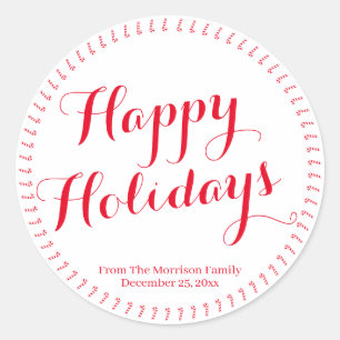 Sticker Rond Happy Holidays script rouge personnalisé nom de fa