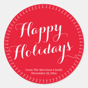 Sticker Rond Happy Holidays script rouge personnalisé nom de fa