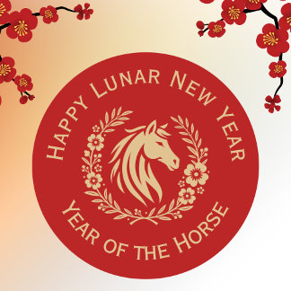 Sticker Rond Happy Lunar New Year of the Horse Wreath Flowers