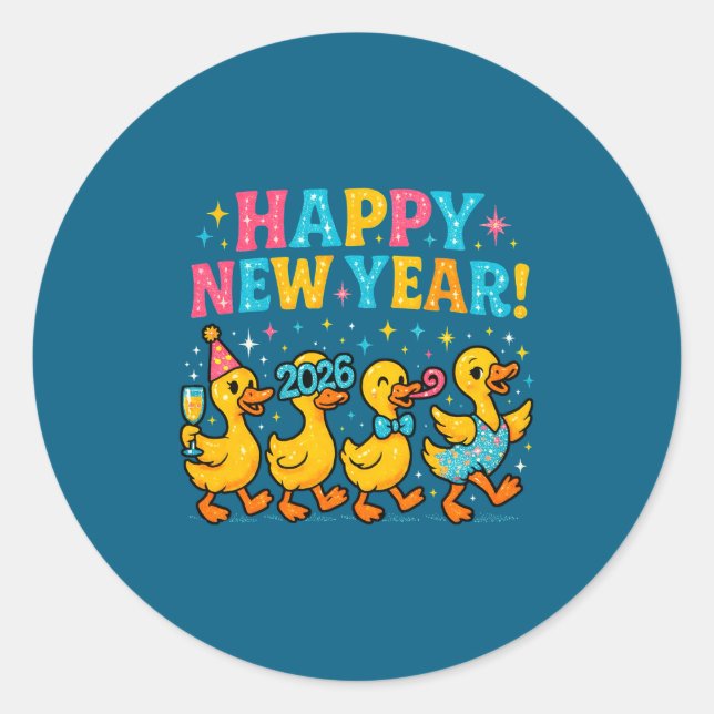 Sticker Rond Happy New Year 2026 Cute Duck Party Gift Long Slee (Devant)