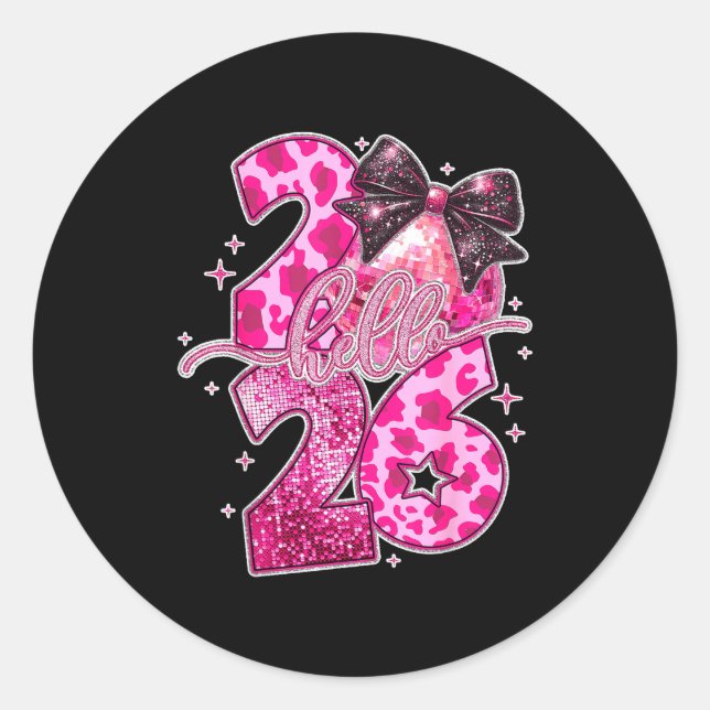 Sticker Rond Happy New Year 2026 Disco Ball Bow New Year's Eve  (Devant)