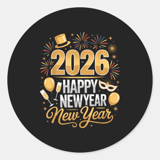 Sticker Rond Happy New Year 2026 New Year Party Ballon Family M (Devant)