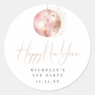 Sticker Rond Happy New Year Blush Pink Rose Gold Disco Ball
