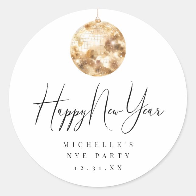 Sticker Rond Happy New Year Gold Disco Ball (Devant)