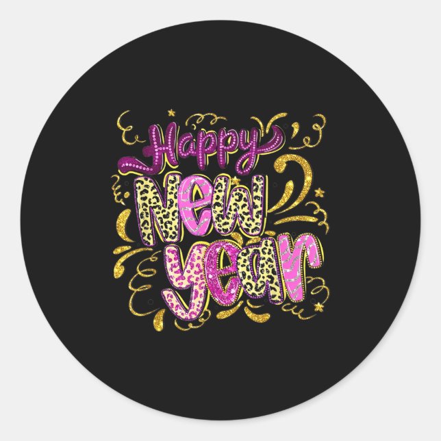 Sticker Rond Happy New Year Hello 2026 Retro Leopard  (Devant)