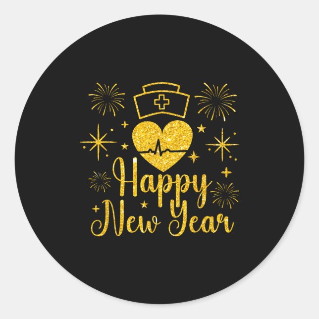 Sticker Rond Happy New Year Nurses Heartbeat Fireworks New Year (Devant)
