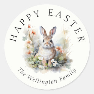 Sticker Rond Happy Pâques Moderne Elégant Bunny Aquarelle