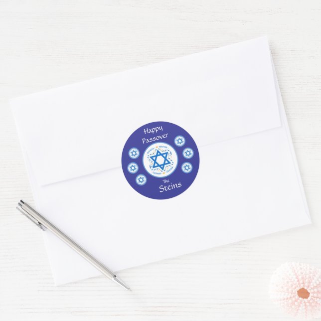 Sticker Rond Happy PASSOVER Blue Star of David NAME (Enveloppe)