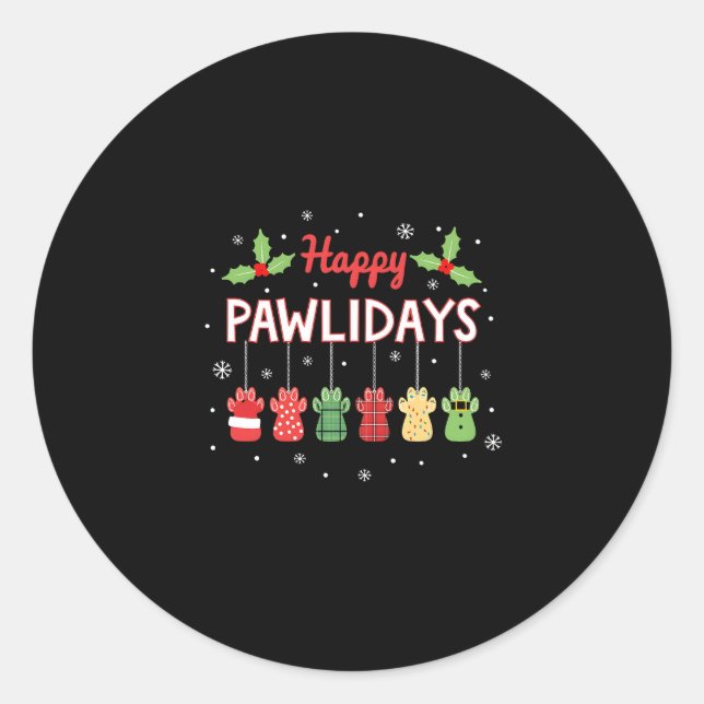 Sticker Rond Happy Pawlidays Funny Christmas Dog Paw Xmas Dogs  (Devant)