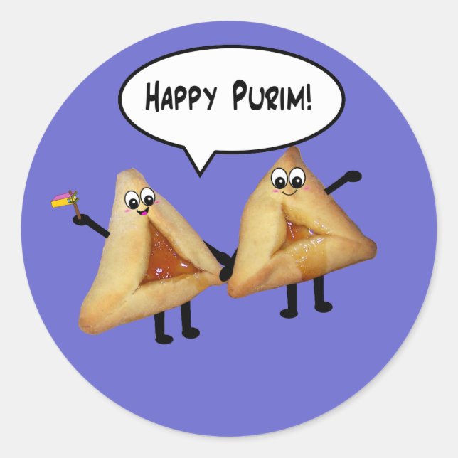 Sticker Rond Happy Purim Cute Smiling Hamentaschen Cartoon (Devant)