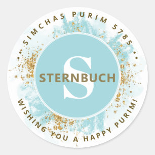 Sticker Rond Happy Purim Parties scintillant aquarelle bleu Mon