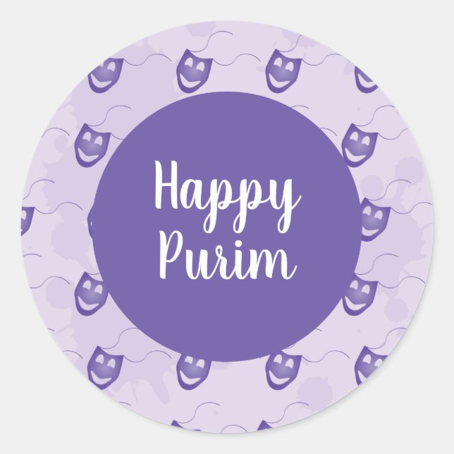 Sticker Rond Happy Purim - Purple heureux amusant motif de masq (Devant)