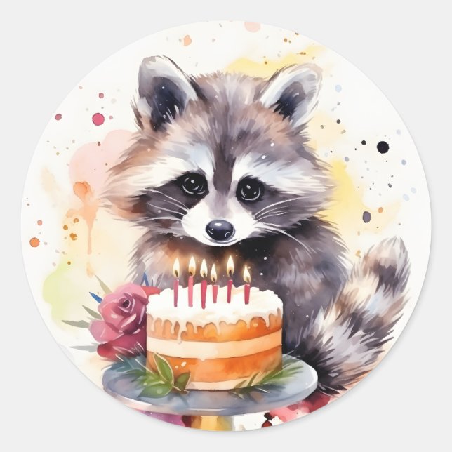 Sticker Rond Happy Raccoon avec gâteau d'anniversaire (Devant)