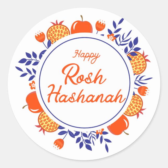 Sticker Rond happy rosh hashanah,jewish holiday orange blue (Devant)