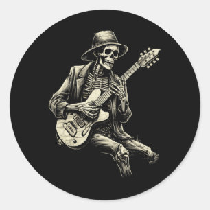 Sticker Rond Happy Skeleton Guitar Guy Éffrayant Halloween Rock