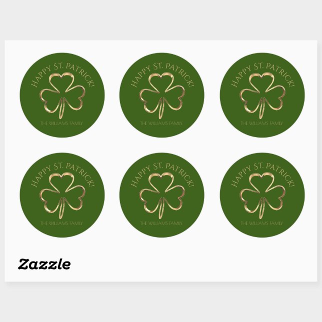Sticker Rond Happy St. Patrick Green et Gold Shamrock Clover (Feuille)