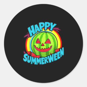 Sticker Rond Happy Summerween Watermelon été Jack-o-lanterne