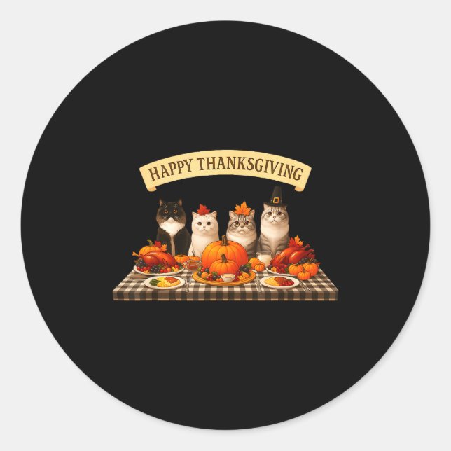 Sticker Rond Happy Thanksgiving Cats Dinner Feast Fall Men Wome (Devant)
