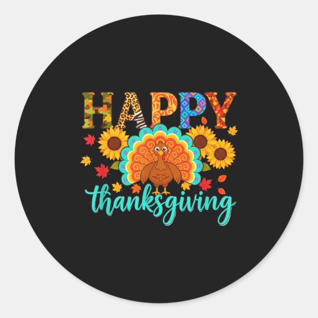 Sticker Rond Happy Thanksgiving Turkey &amp; Sunflower, Thanksg (Devant)