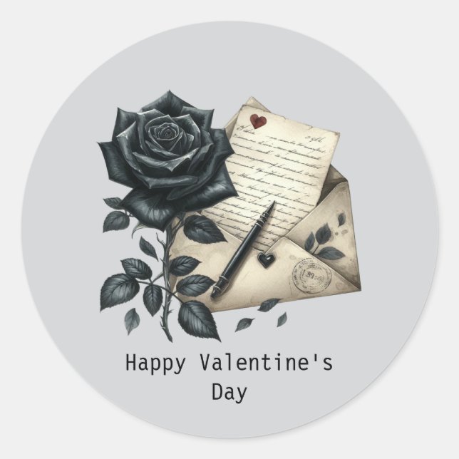 Sticker Rond Happy Valentine's Day Gothic black rose (Devant)
