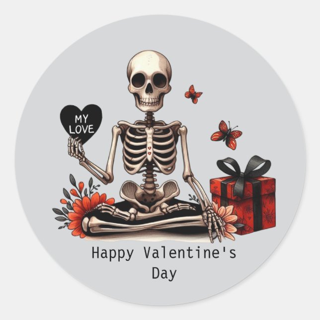 Sticker Rond Happy Valentine's Day Gothic skeleton (Devant)