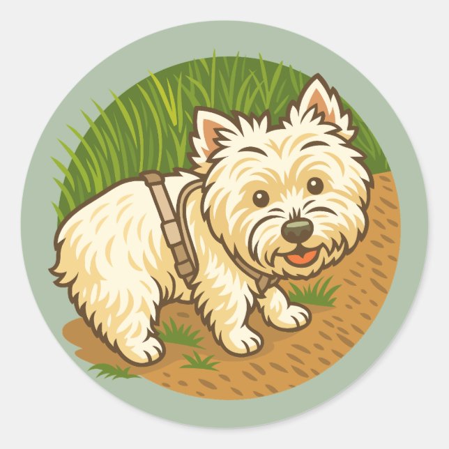 Sticker Rond Happy Westie on Nature Trail (Devant)
