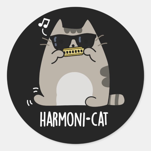 Sticker Rond Harmoni cat Funny Harmonica Cat Pun Dark BG (Devant)