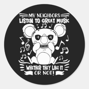 Sticker Rond Harmonica Kids Musicien Koala avec Harmonica