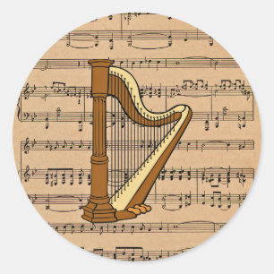 Sticker Rond Harpe avec l'arrière - plan de musique de feuille