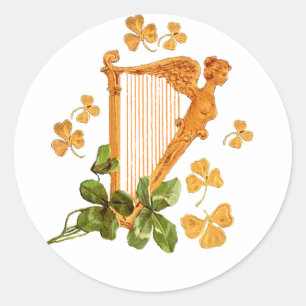 Sticker Rond Harpe d'Or et Shamrocks d'Irlande